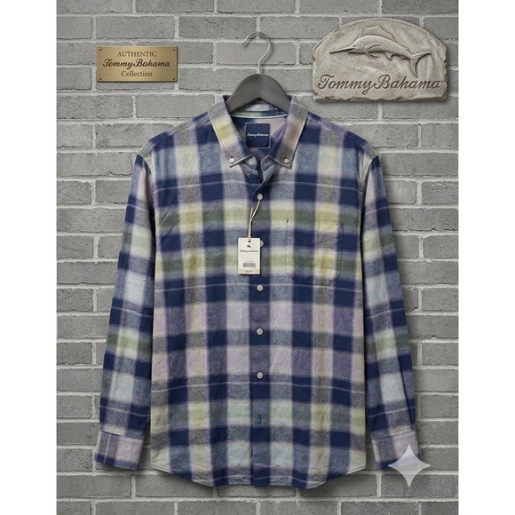 🤑Tommy Bahama🚨 Chaveta Check Linen Cotton Plaid Shirt XL Deep Space Blue $118